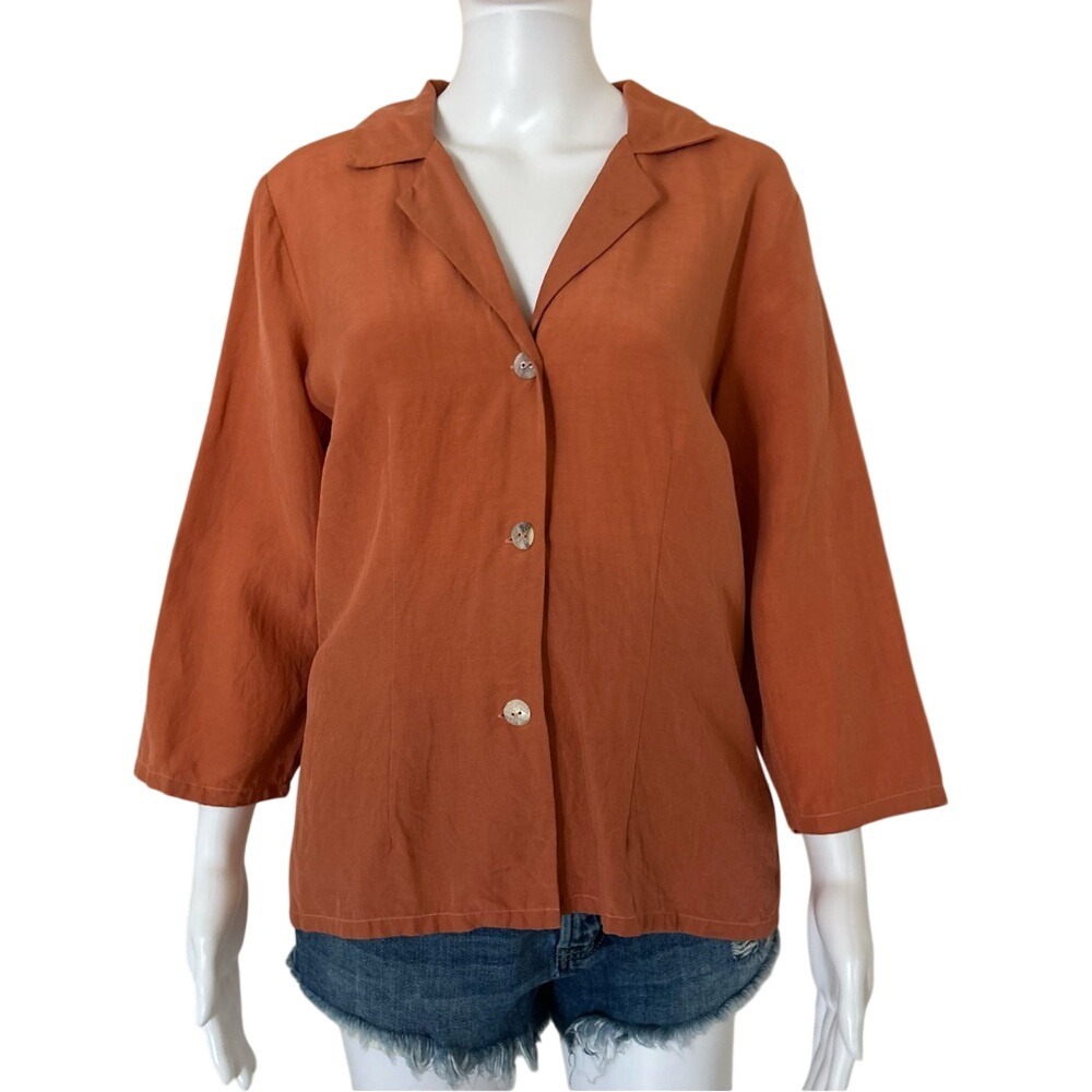 CITRON Santa Monica Silk Burnt Orange Button Blouse Size